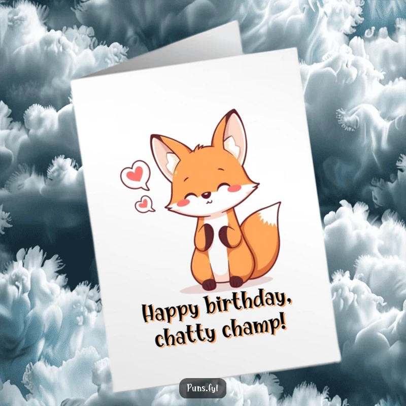 Funny Free Printable Birthday Card with a kawaii fox expertly juggling three tiny speech bubbles, radiating cheerful birthday vibes.