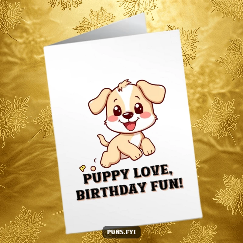 Funny Free Printable Puppy Birthday Card: Energetic puppy joyfully chasing a bouncy letter P, ready to celebrate.