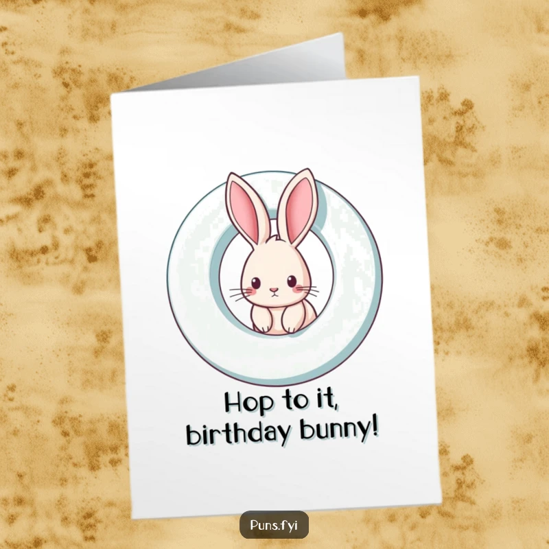 Funny free printable birthday card: a curious rabbit peeking out playfully from behind a large, dynamic spinning letter, full of excitement.