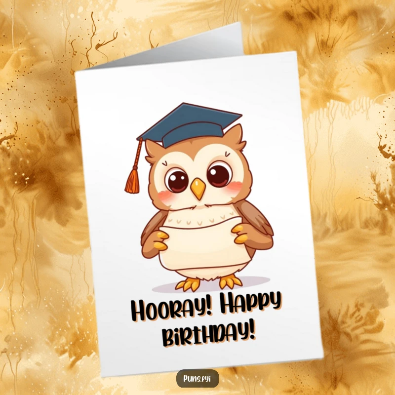 Funny free printable birthday card featuring a cute owl in a graduation cap presenting a scroll, offering congratulations with academic flair.