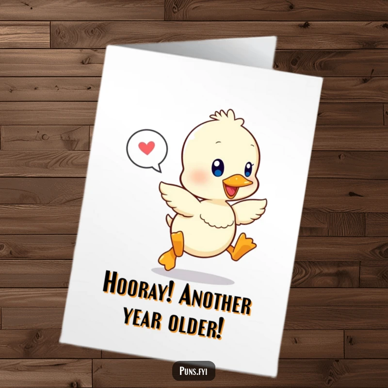 Free Printable Birthday Card: A cheerful kawaii duckling jumps joyfully, a speech bubble nearby suggests happy thoughts, perfect for birthdays.