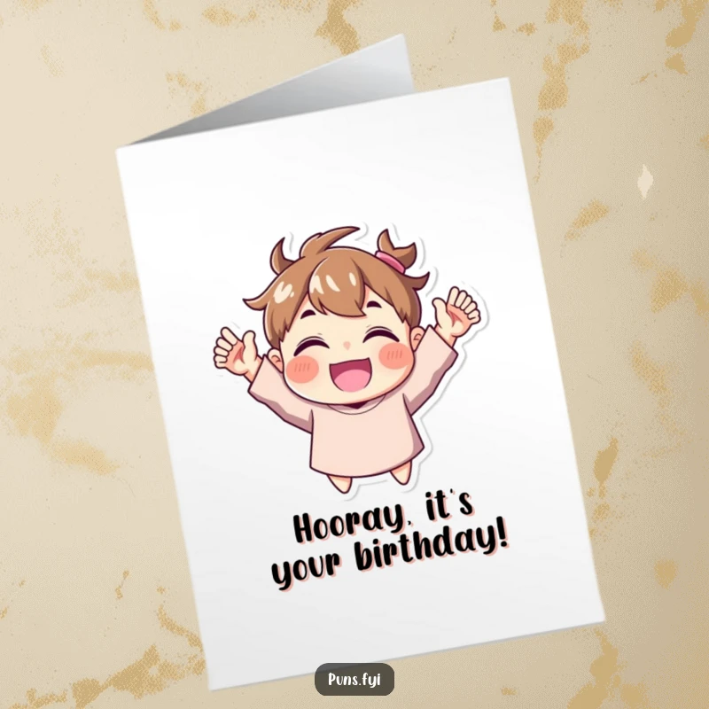 Funny Free Printable Birthday Card showing a character with arms raised, cheering joyfully, perfect for celebrating big moments.