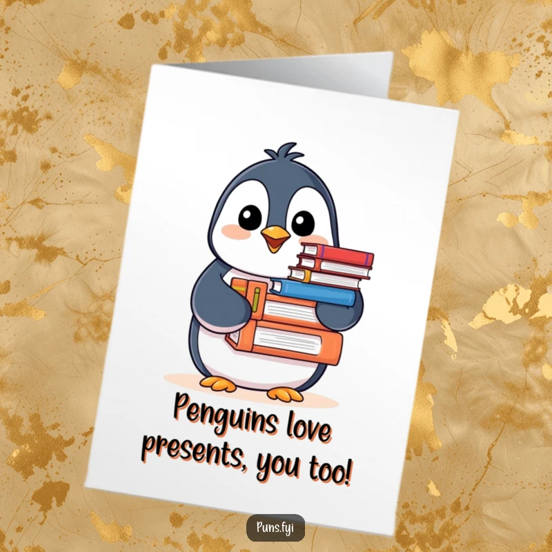Funny Free Printable Birthday Card: A cheerful penguin offers a stack of books, nodding happily, ready for gifting.
