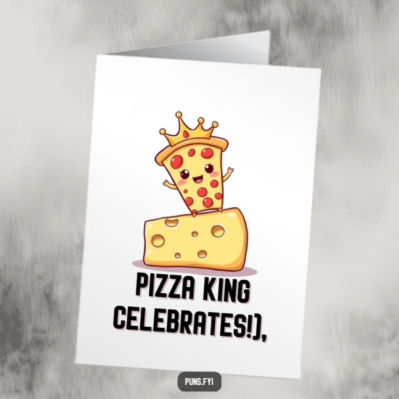 Funny Free Printable Birthday Card featuring a pizza slice wearing a crown, balancing on cheese, a hilarious birthday treat.