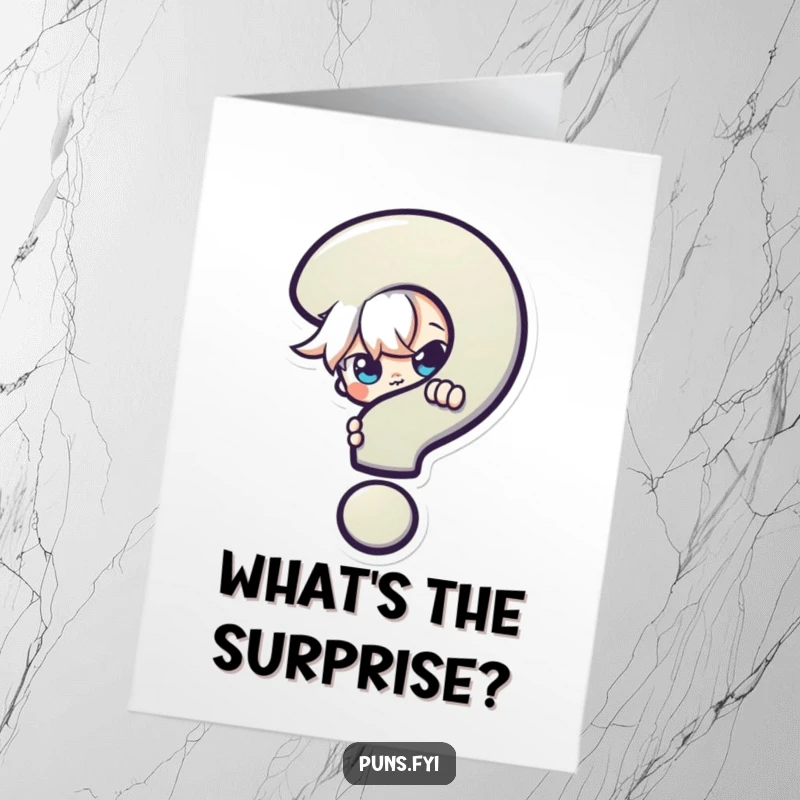 Funny Free Printable Birthday Card featuring a mischievous character peeking from behind a colorful question mark, adding playful mystery.