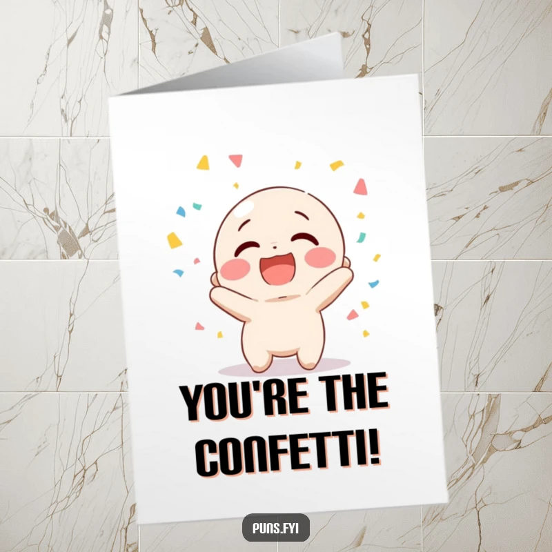 Funny Free Printable Congrats Card: A happy character laughing hysterically while throwing handfuls of festive confetti.