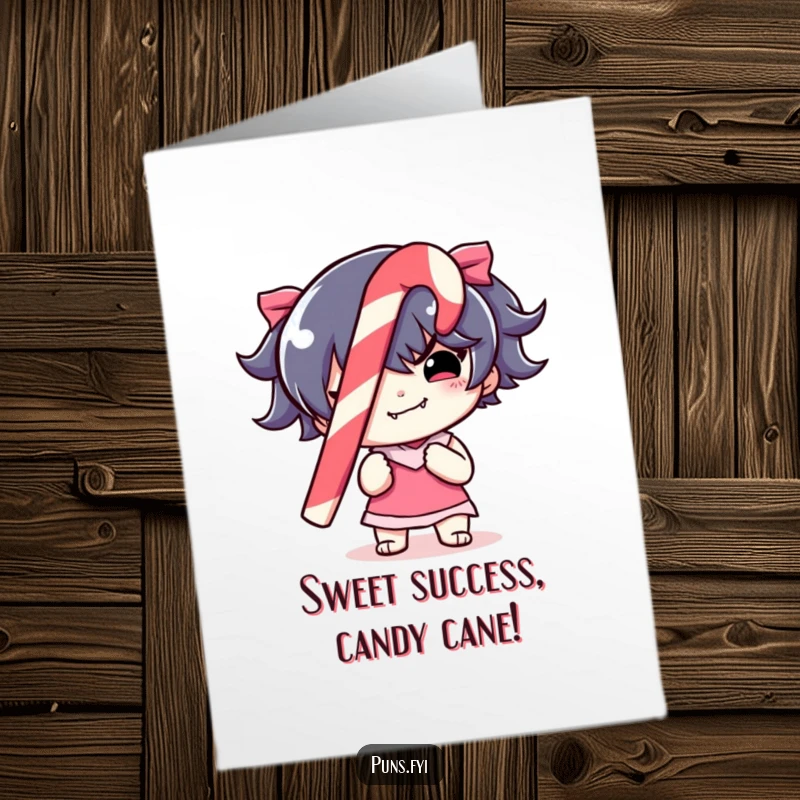 Funny Free Printable Congratulations Card: A character with a mischievous grin holds a colorful, striped candy cane, celebrating success.