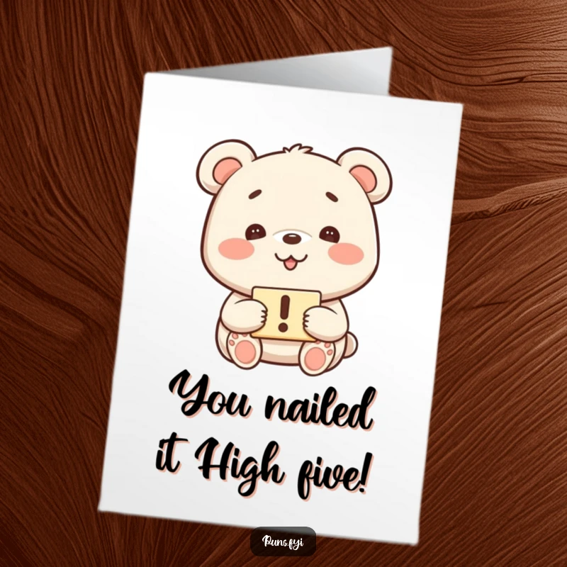 Funny Free Printable Congratulations Card: A kawaii bear grinning widely holds an exclamation mark sign, celebrating success with excitement.