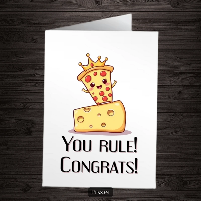 Funny Free Printable Congratulations Card: A pizza slice with a crown precariously perched on cheese, celebrating a cheesy victory.