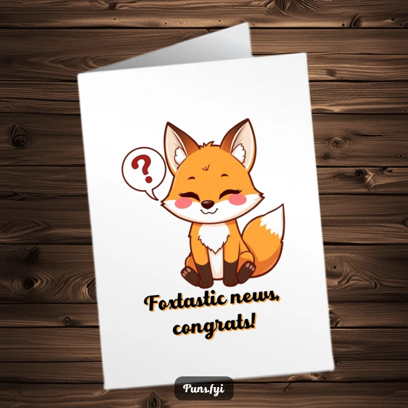Funny free printable congratulations card featuring a mischievous fox with a grin, holding a speech bubble filled with question marks, celebrating wins.