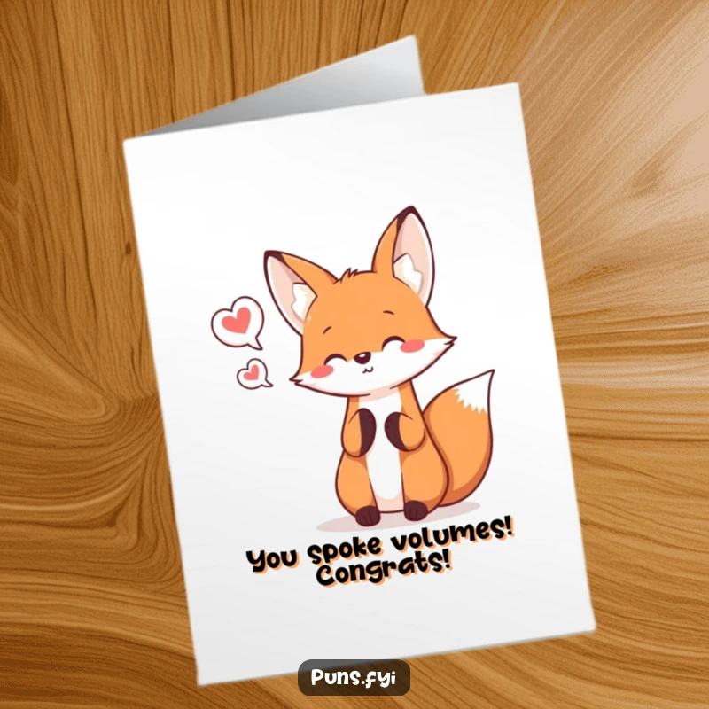 Funny Free Printable Congratulations Card showing a kawaii fox joyfully juggling speech bubbles, celebrating achievements with energetic flair.