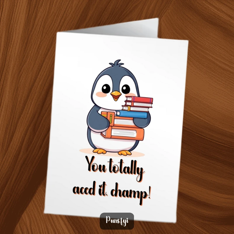 Funny Free Printable Congratulations Card: A book-loving penguin gleefully offers a stack of books for your celebration.