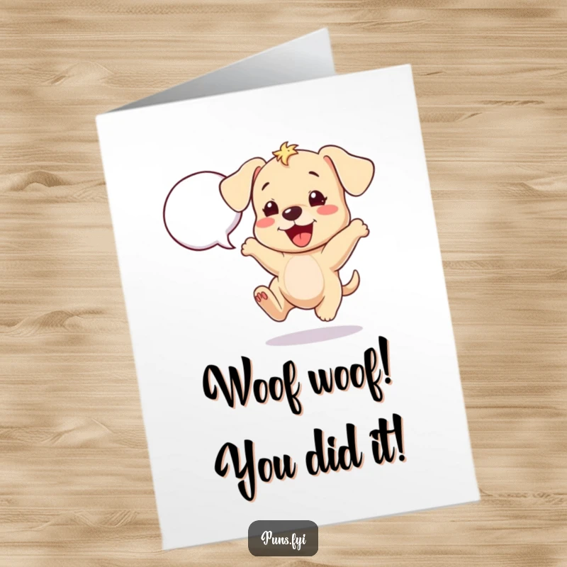 Funny Free Printable Congratulations Card: A cheerful puppy bounces excitedly next to a speech bubble, conveying enthusiastic congratulations.