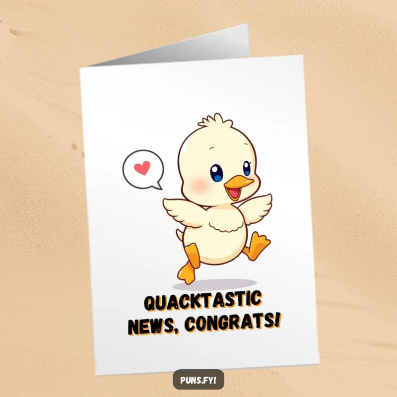 Free Printable Congratulations Card: A jubilant kawaii duckling leaps with excitement, a speech bubble indicating happy exclamations.