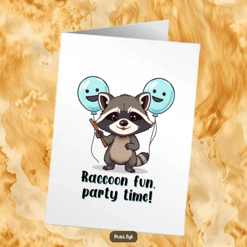 Funny Free Printable Congratulations Card: A determined raccoon character skillfully painting silly faces on balloons for a festive occasion.