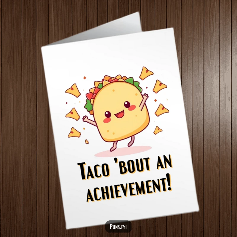 Free Printable Congratulations Card: A grinning taco with small legs performs a celebratory dance amidst tiny flying nachos. A fun card.
