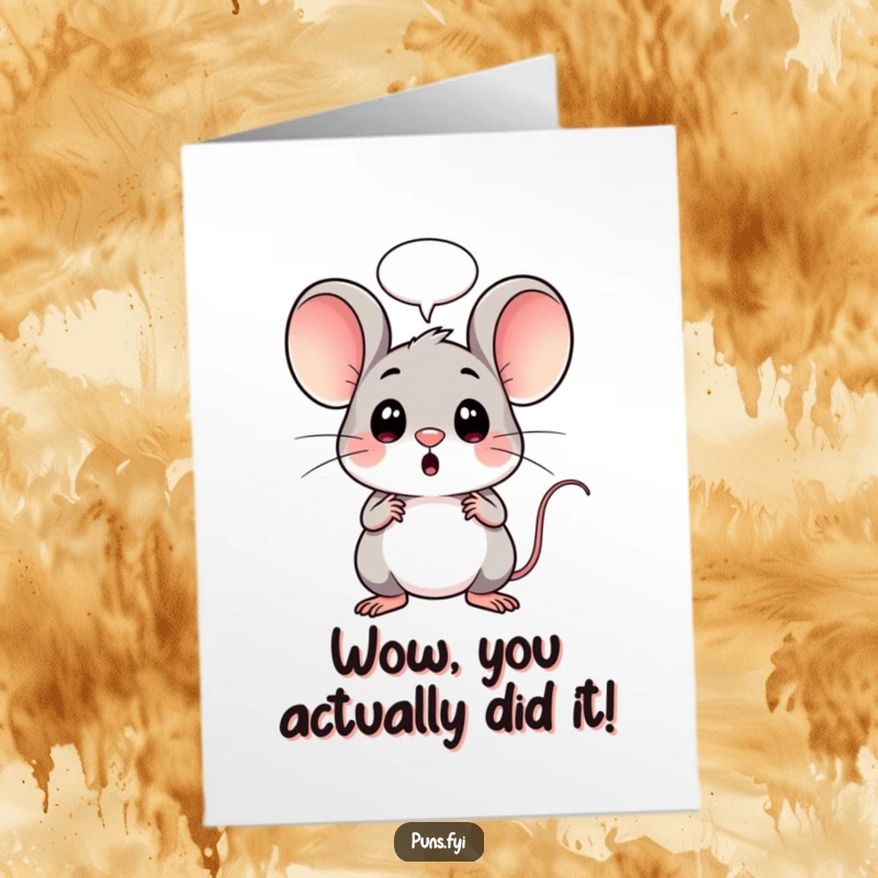 Free Printable Congratulations Card: A kawaii mouse gasps in amazement, a speech bubble hovering, signifying shock and joy.