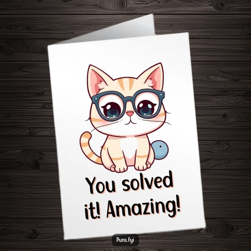 Funny Free Printable Congratulations Card with a kawaii cat wearing glasses, looking puzzled at a big question mark, perfect for acknowledging success.