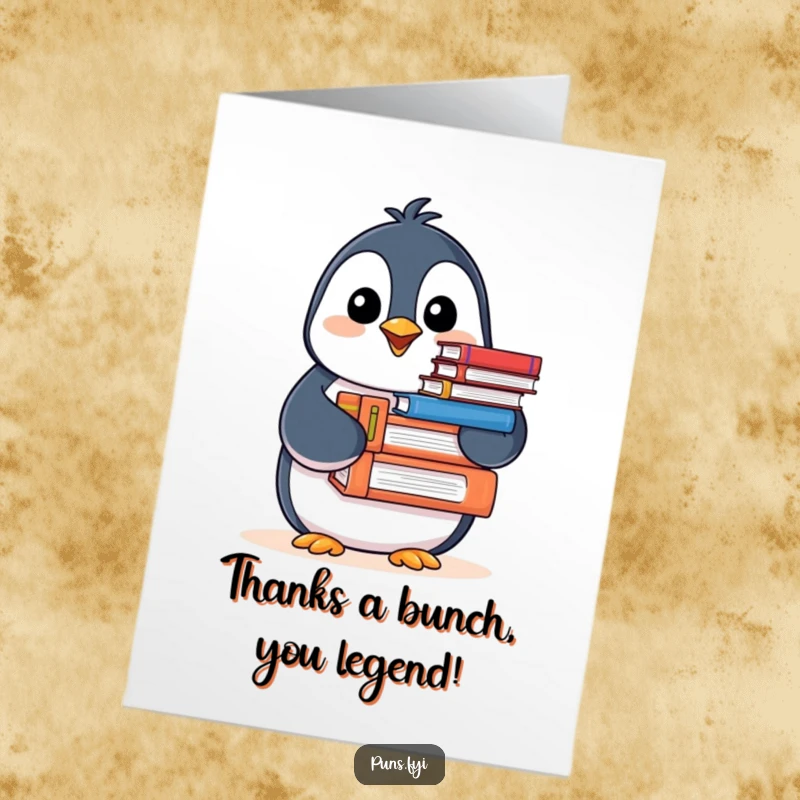 Funny Free Printable Thank You Card: A smiling penguin holds a pile of books, offering thanks cheerfully.