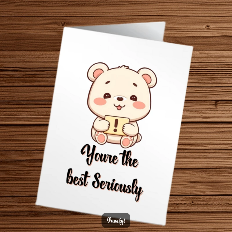 Funny Free Printable Thank You Card: A cute, grinning kawaii bear displays an exclamation mark, expressing big thanks with a playful attitude.