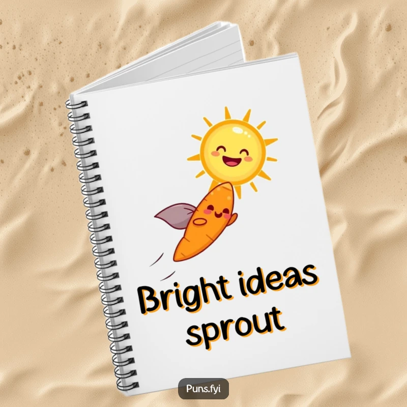Funny notebook cover with a cheerful carrot with a cape flying towards a laughing sun, representing optimistic plans.