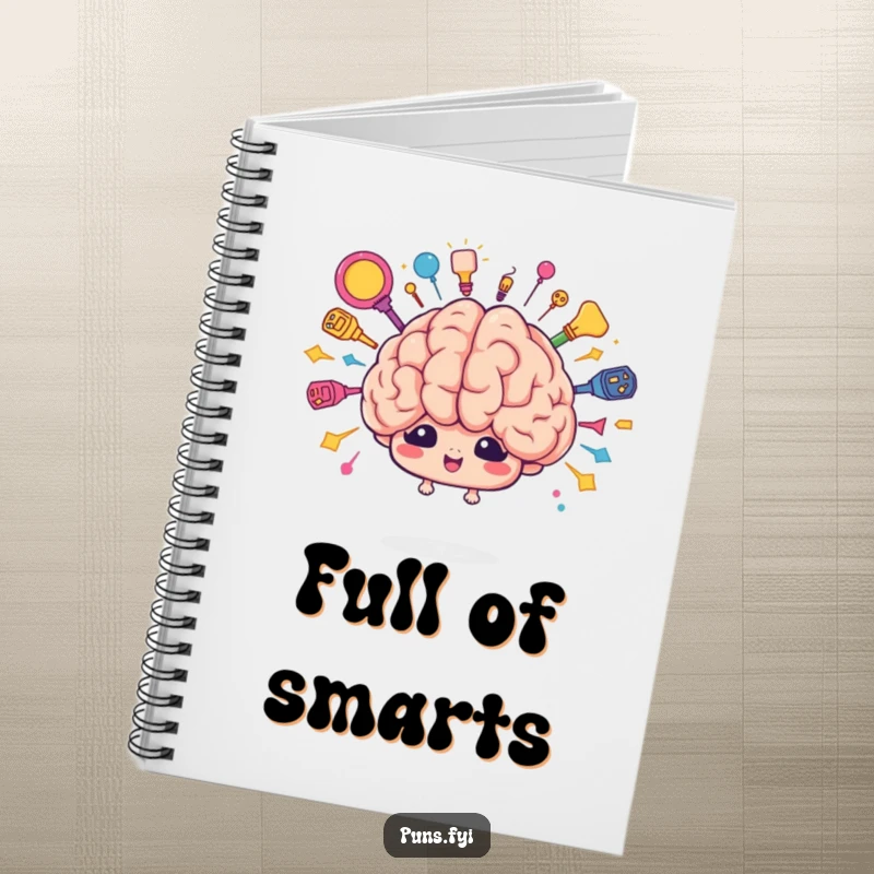 Funny brain idea notebook featuring a cartoon brain character bursting with colorful ideas. Perfect for notes.