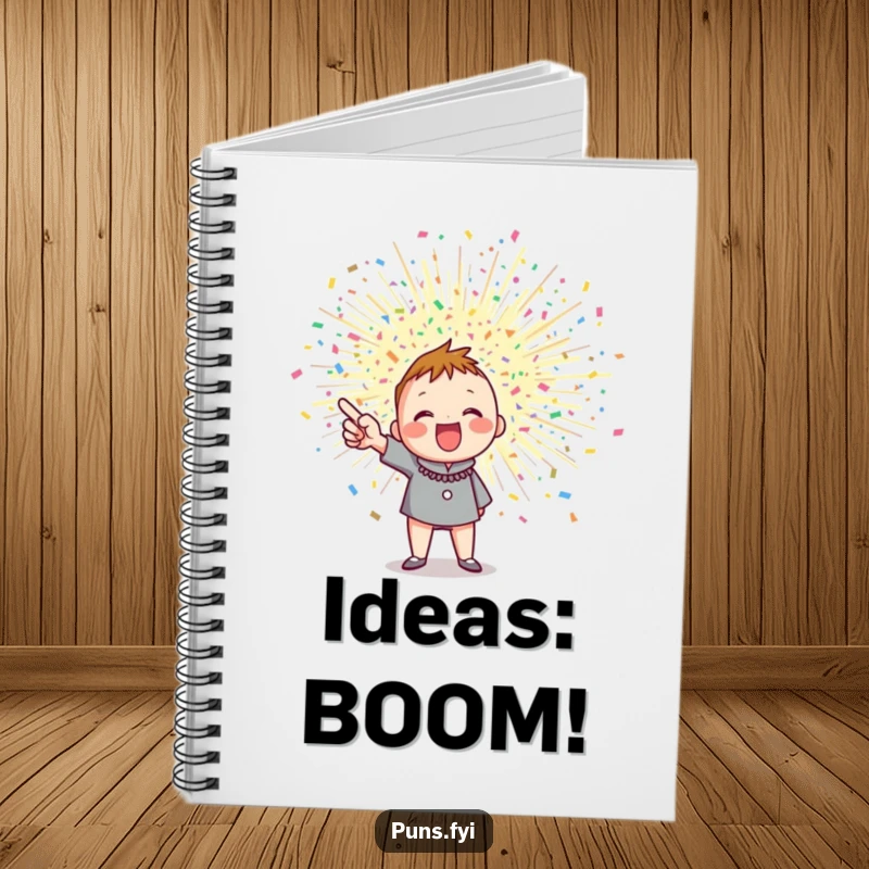 Funny notebook with an enthusiastic character and an exploding confetti burst, great for jotting down festive ideas.