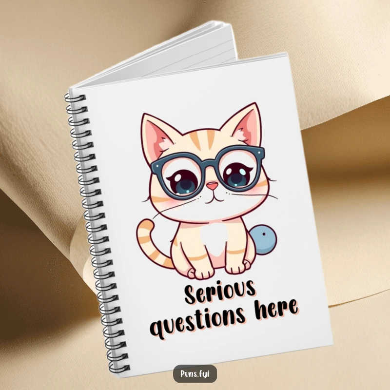 Funny kawaii cat wearing glasses, looking at a question mark, a cute notebook for ideas.