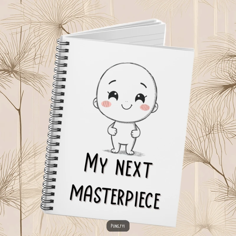 Funny notebook cover with a smiling pencil character drawing a crooked line, ready for sketches and notes.