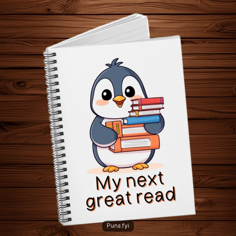 Funny Penguin Notebook with a cheerful penguin offering books, encouraging writing and reading with a humorous touch.
