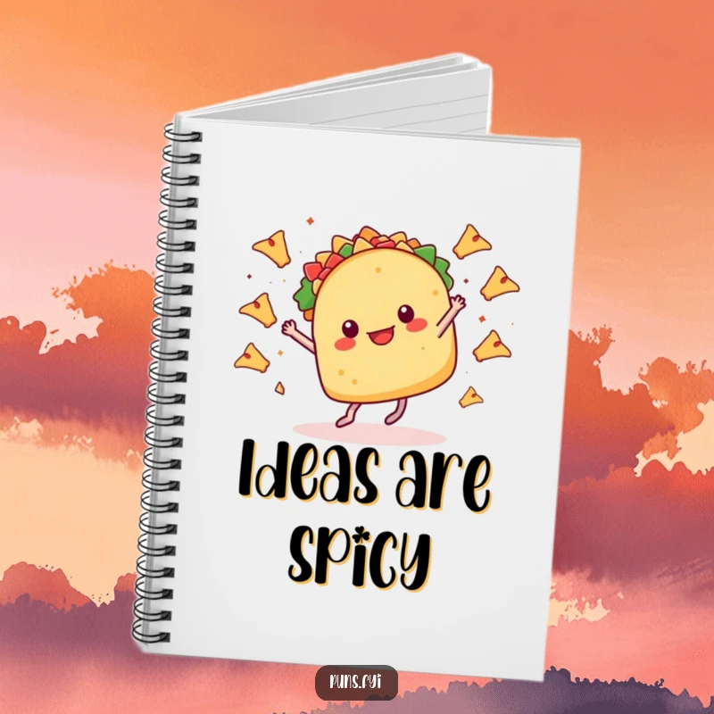 Funny notebook cover featuring a taco dancing with tiny legs, surrounded by flying nachos, a delightful way to write.