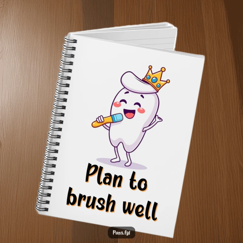Funny notebook cover featuring a crowned toothbrush dancing while brushing a giant tooth, a fun way to organize thoughts.