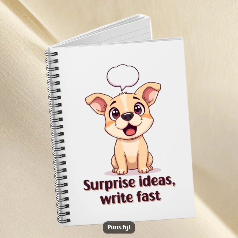 Funny notebook cover featuring a dog with perked ears and astonished eyes, a speech bubble above, ready for your surprising notes.