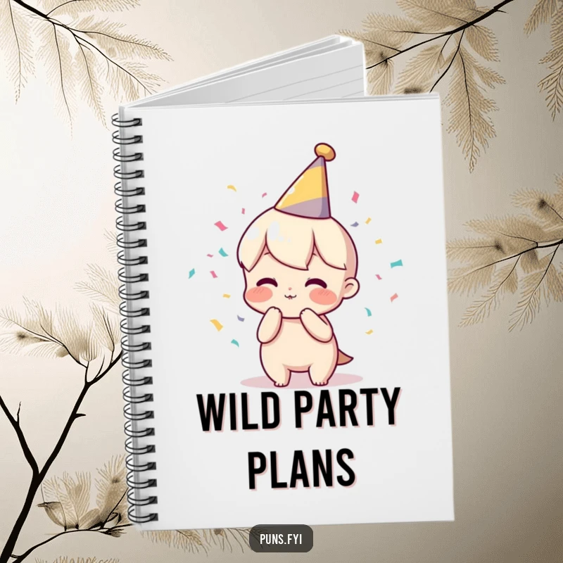 Funny notebook showing a character in a party hat blowing confetti, perfect for capturing celebratory ideas and plans.