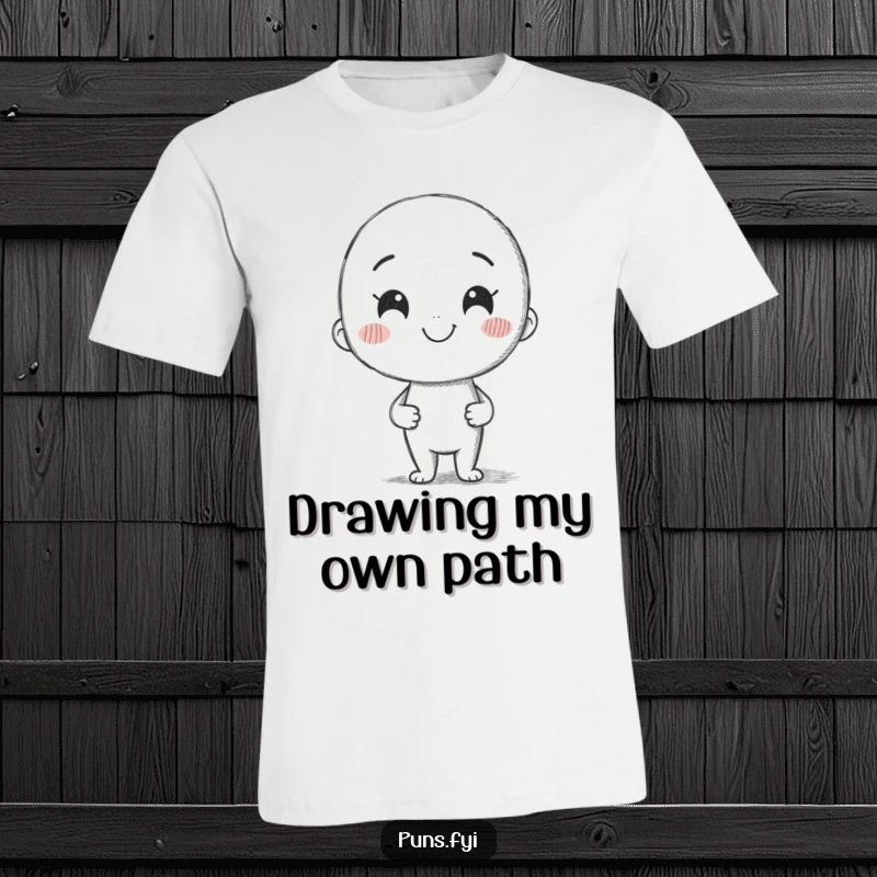 Funny t-shirt showing a smiling pencil character enthusiastically drawing a wobbly, crooked line, embracing artistic freedom.