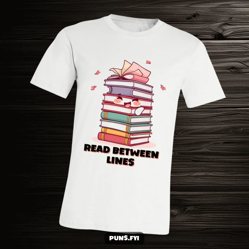 Funny t-shirt showing a happy stack of books character with pages fluttering merrily, radiating a love for literature.