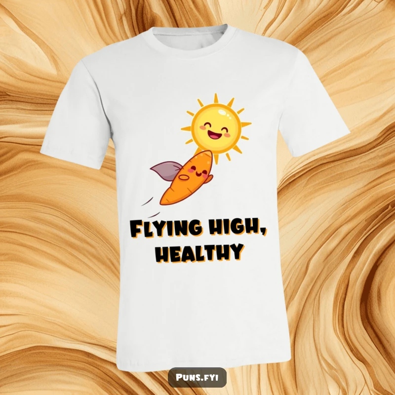 Funny t-shirt depicting a cheerful carrot wearing a cape, flying through the air towards a smiling, laughing sun.