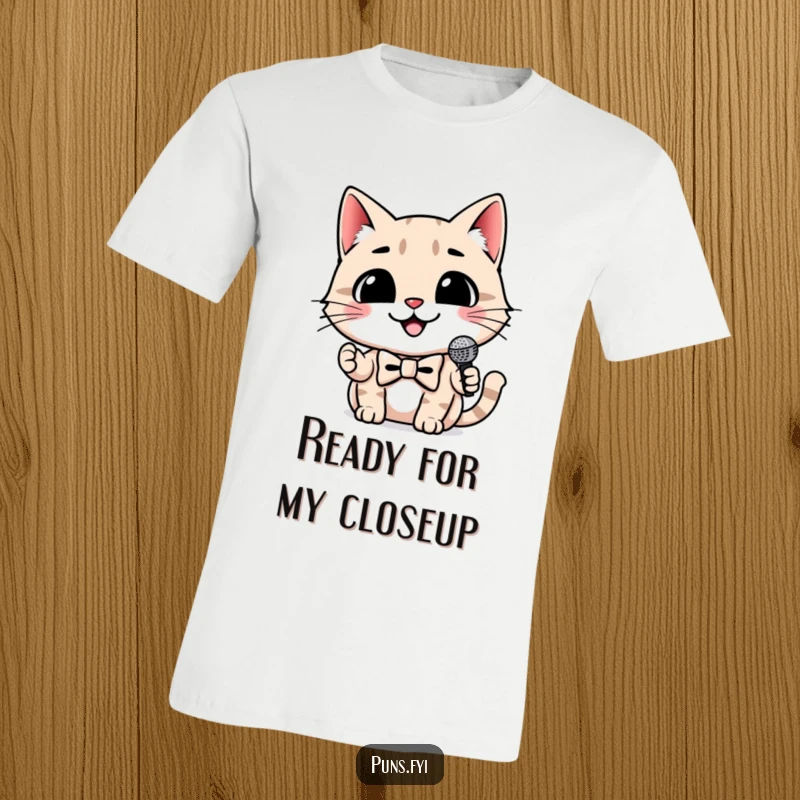 Funny cat t-shirt with a smiling cat wearing a bowtie and holding a tiny microphone, a stylish and humorous performer tee.
