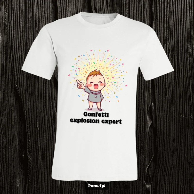 Funny t-shirt with an enthusiastic character pointing at a vibrant, exploding confetti burst, embodying pure celebration and joy.