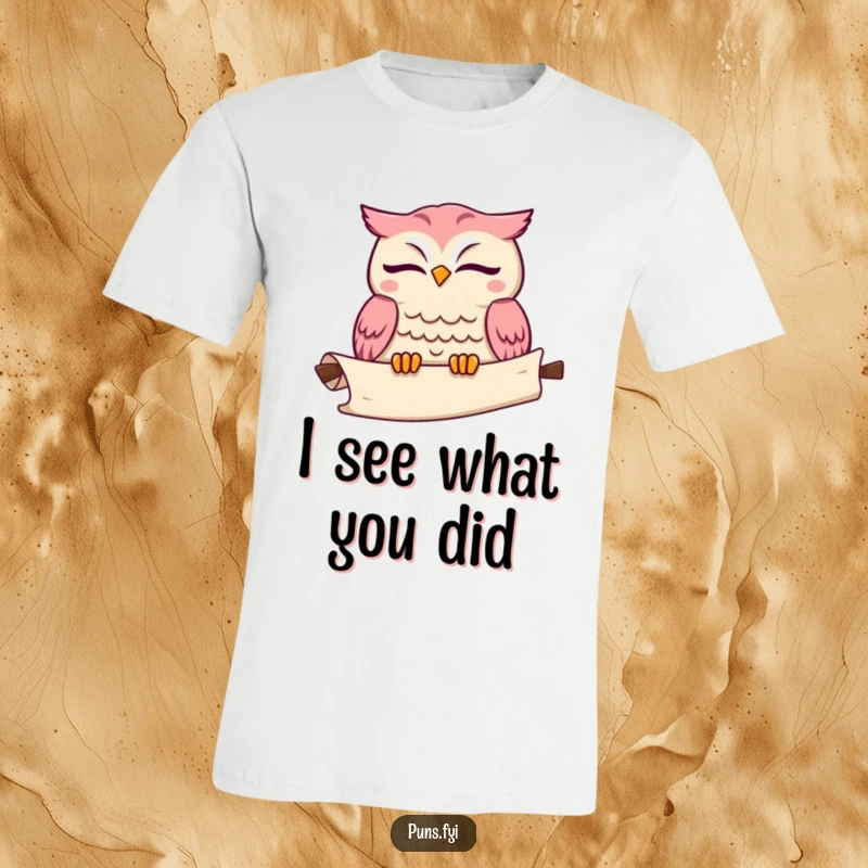 Funny kawaii owl t-shirt featuring a cute winking owl with an unrolling scroll, perfect for bookworms and trivia lovers.