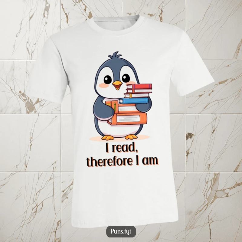Funny Penguin T-Shirt featuring a happy penguin offering books with a cheerful nod, a delightful design for book enthusiasts.