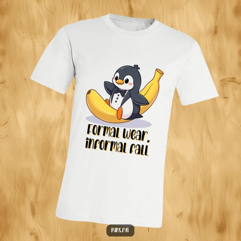 Funny t-shirt showcasing a penguin in a tuxedo comically falling on a giant banana peel, radiating pure comedic chaos.