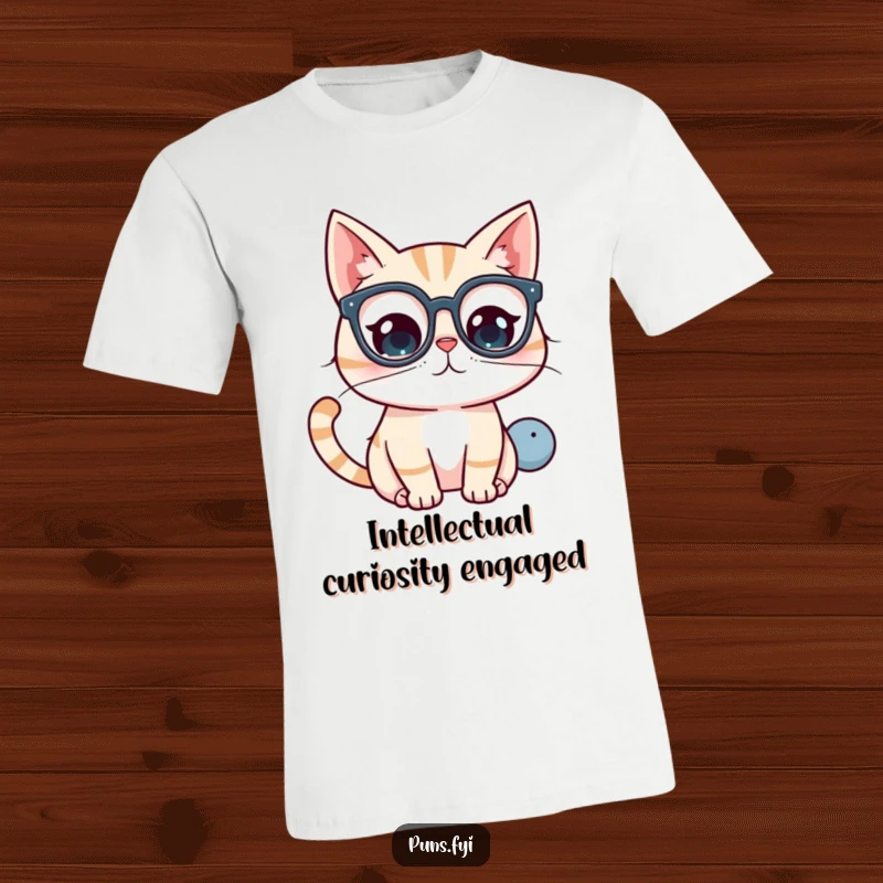 Funny kawaii cat with glasses, peering inquisitively at a large question mark on a t-shirt.