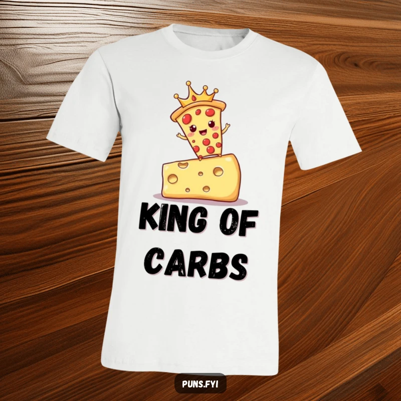 Funny t-shirt depicting a slice of pizza crowned like royalty, balancing on a massive cheese block, embodying cheesy dominance.