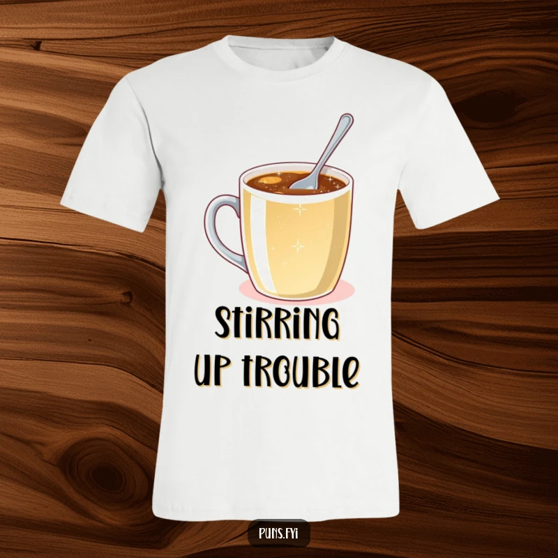 Funny t-shirt showing a tiny spoon attempting to stir a massive coffee mug filled with sparkling, effervescent liquid, symbolizing effort.