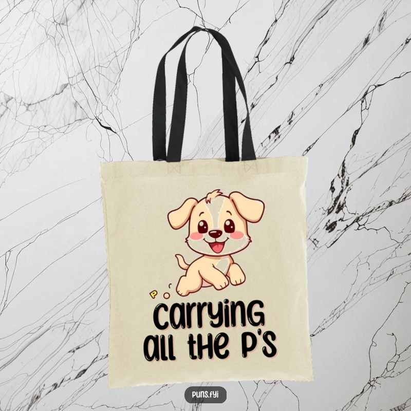 Funny tote bag featuring a smiling puppy leaping after a whimsical, bouncing letter P, perfect for carrying fun.