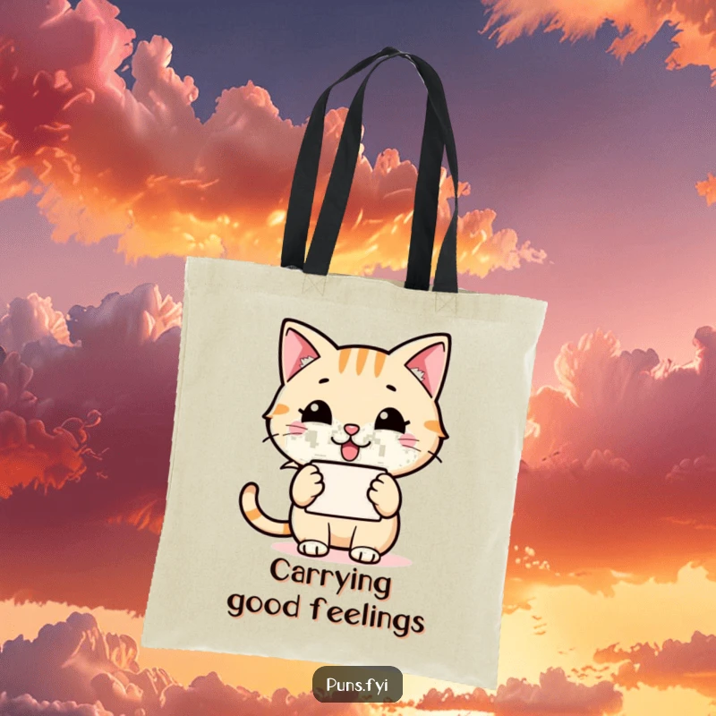 Funny cat tote bag with a happy cat holding a speech bubble containing a grinning word icon, perfect for carrying items expressively.