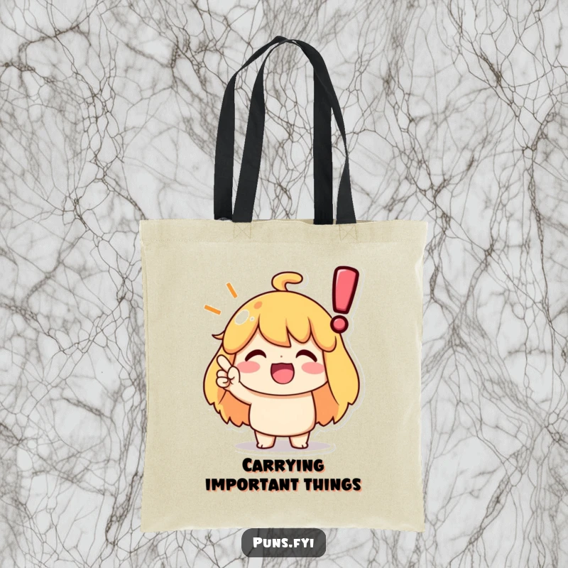 Funny tote bag with a character nodding enthusiastically at a large exclamation point, great for carrying agreement.
