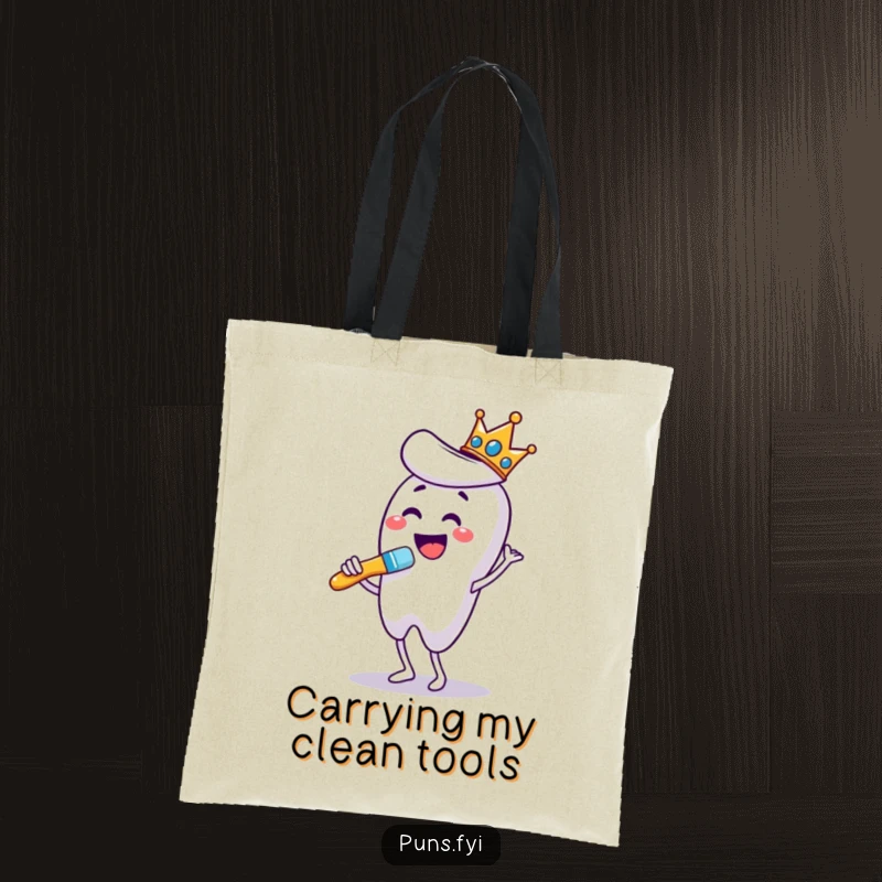 Funny tote bag showcasing a crowned toothbrush dancing while brushing a giant tooth, carrying dental humor with flair.