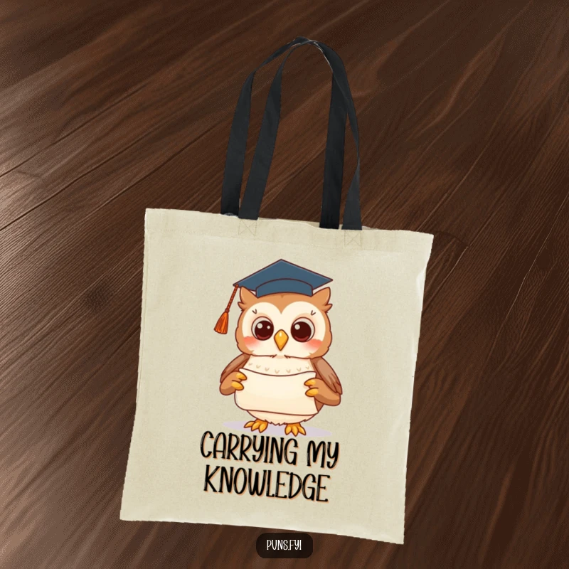 Funny tote bag with a cute owl in a graduation cap, holding a scroll with a flourish, perfect for carrying study materials.